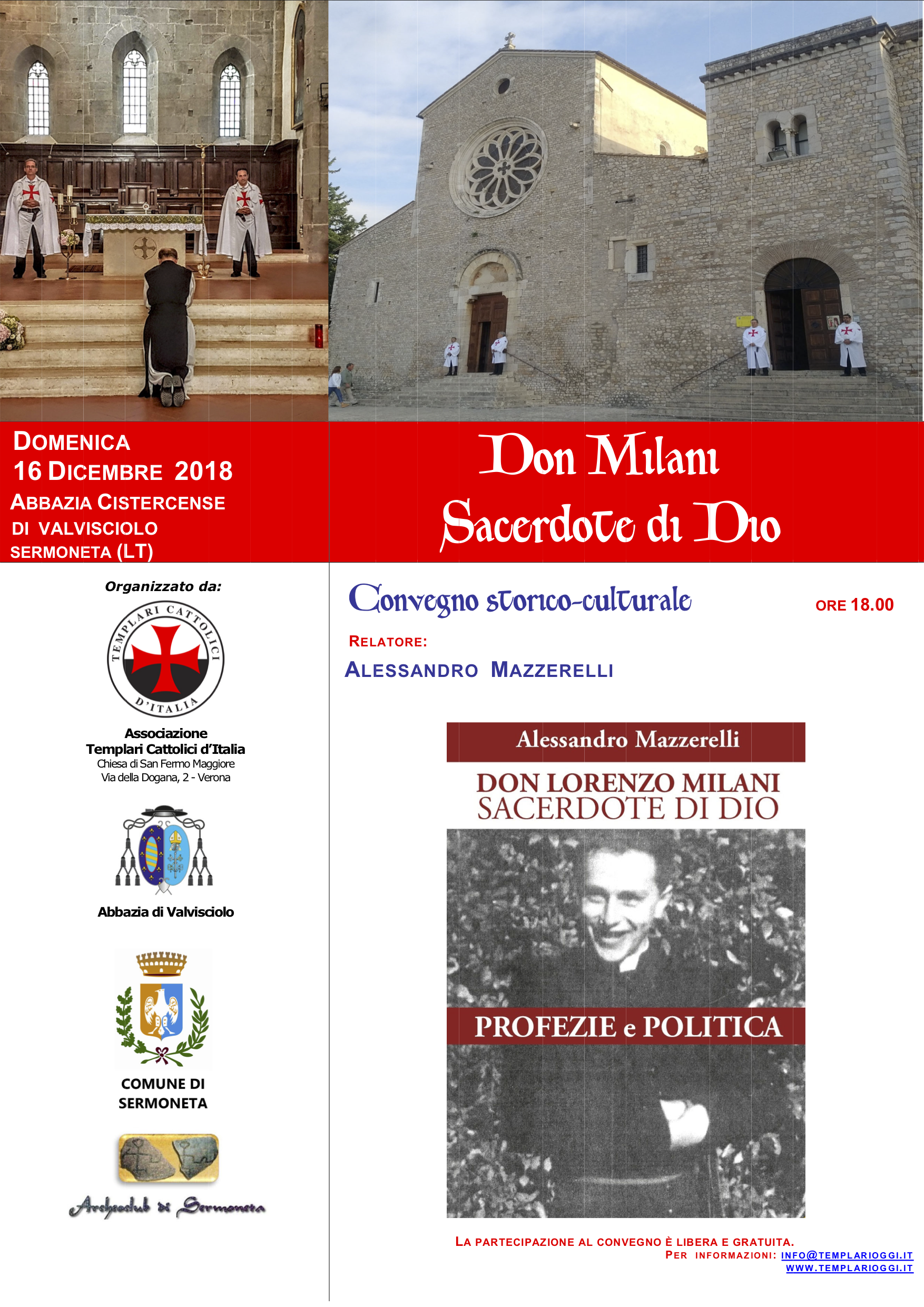 I Templari Cattolici d'Italia propongono il convegno: "Don Milani sacerdote di Dio" a Valvisciolo.